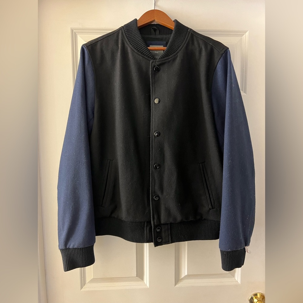 GAP Limited Edition Italian Wool Varsity Jacket size L Royal Blue/ Black